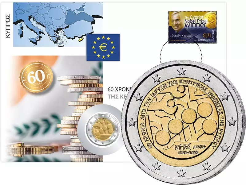 2 Euro Numisbrief Zypern 60. Jahrestag der Gründung der Nationalbank von Zypern 2023