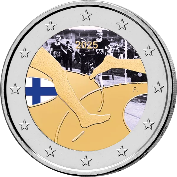 2 Euro Finnland 100 Jahre Leichtathletik-Wettbewerb Finnland-Schweden 2025 mit Farb-Applikation