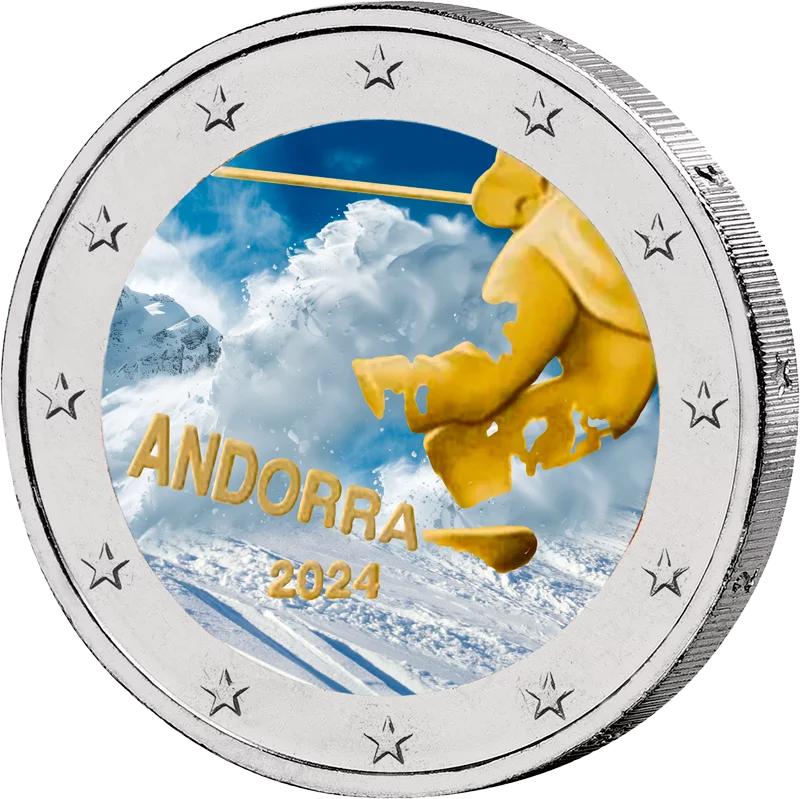 2 Euro Andorra 100 Jahre Skisport in Andorra 2024 mit Farb-Applikation