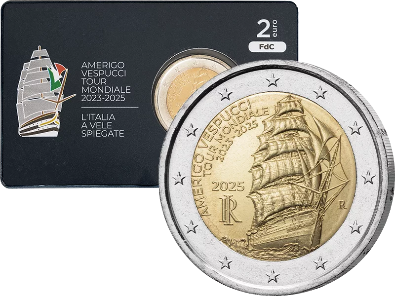 2 Euro Italien Weltreise des Amerigo-Vespucci-Segelschulschiffes 2023-2025, 2025 in Coin Card