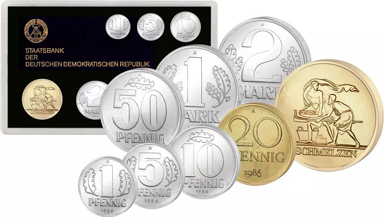 1 Pfennig - 2 Mark DDR Kursmünzensatz inkl. Gedenkprägung Schmelzen 1986