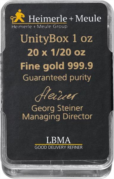20 x 1/20 Unze Goldbarren Heimerle & Meule Unity Box