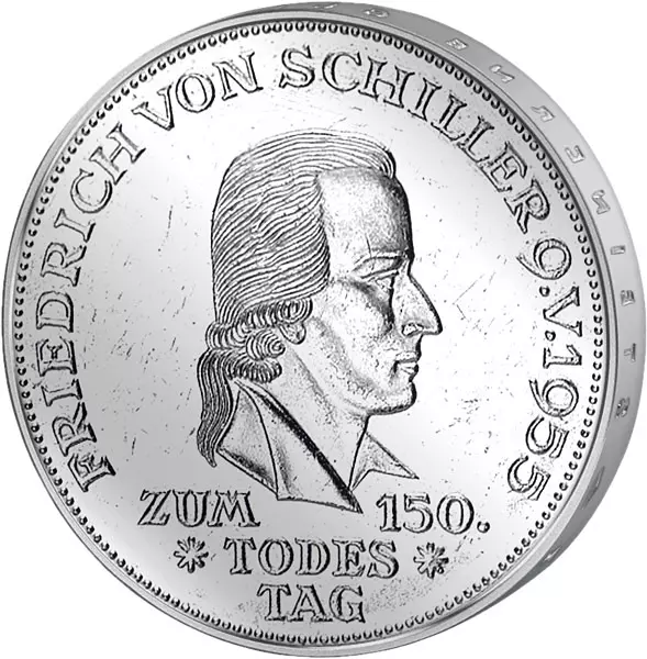 5 DM, 20 Mark, 10 Euro Spar-Set BRD und DDR Friedrich von Schiller 1955, 1972 und 2005