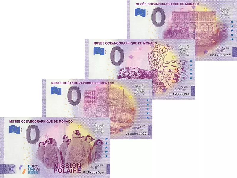 4 x 0-Euro-Banknoten Set Monaco Ozeanographisches Museum