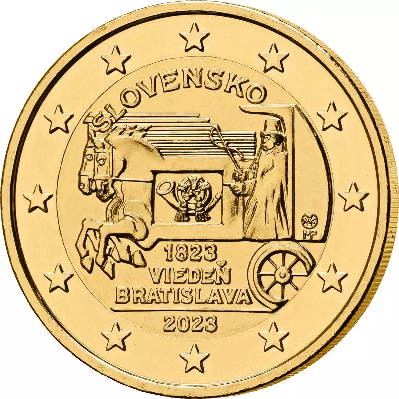 2-Euro-Gedenkmünze Slowakei 200 Jahre Pferdeexpress 2023 als vollvergoldete Premiumausgabe