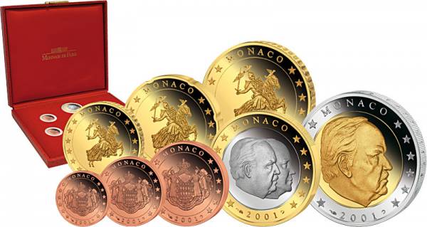 8 Werte Euro-Kursmünzensatz Monaco  2001  Polierte Platte