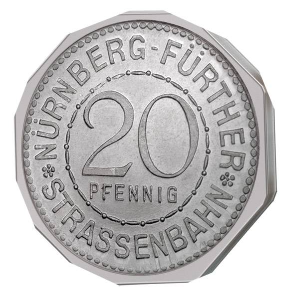 20 Pfennig Straßenbahngeld Nürnberg Fürth 1924 Vorzüglich
