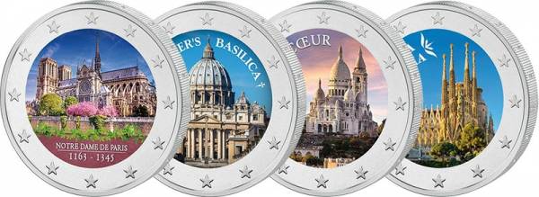 Set 4 x 2 Euro Die schönsten Kathedralen Europas 2021 mit Farb-Applikation
