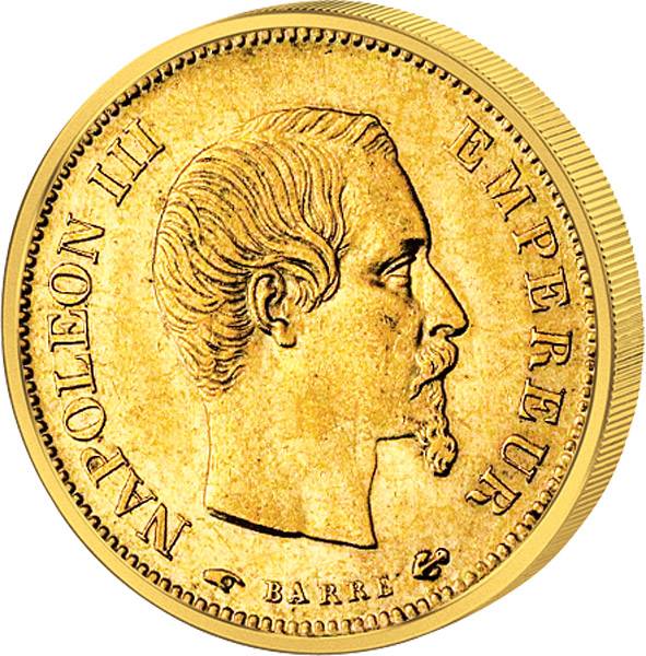 10 Francs  Napoleon III. ohne Kranz  1854-1860  Sehr schön