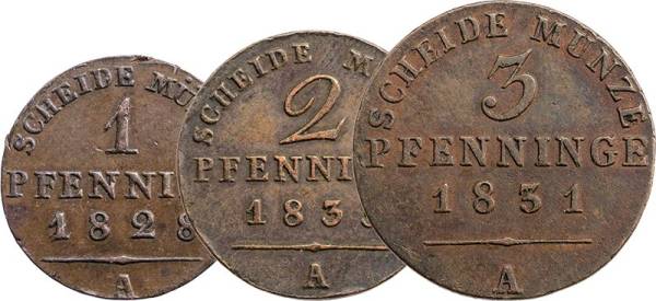 1, 2 und 3 Pfennig Preußen König Freidrich Wilhelm 1821-1840