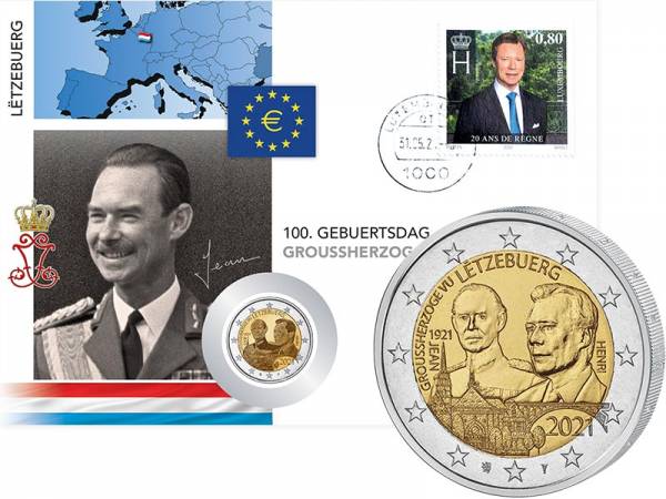 2 Euro Luxemburg Numisbrief 100. Geburtstag Großherzog Jean 2021