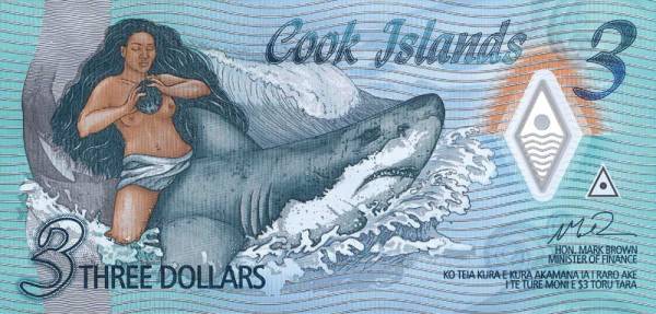 3 Dollars Cook-Inseln Polymerbanknote Nymphe reitet den Hai 2021