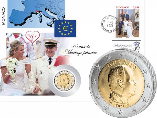 2 Euro Numisbrief Monaco 10. Hochzeitstag von Fürst Albert II. und Charléne 2021