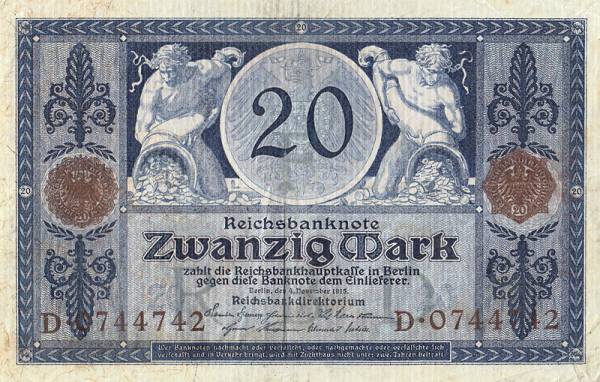 20 Mark  Banknote Bauer und Frau 1915  zirkuliert
