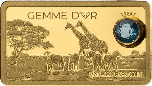 100 Francs Mali Gemme dór Diamond Edition Zebras und Giraffen mit Blautopas 2022