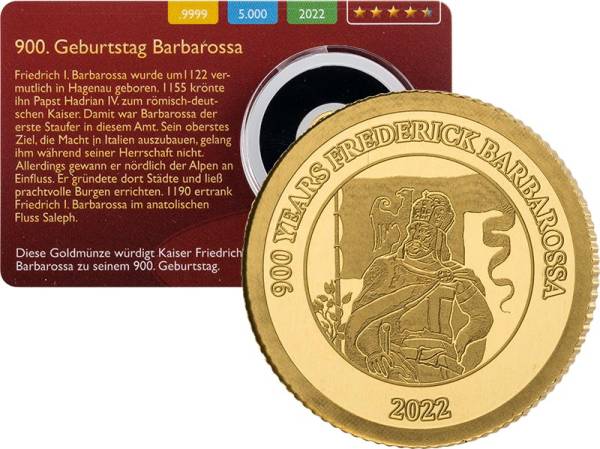 10 Dollars Barbados 900. Geburtstag von Friedrich I., Barbarossa Gold Coin Card 2022