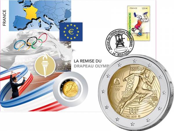 2 Euro Numisbrief Frankreich Paris 2024 - Übergabe der Olympischen Fahne