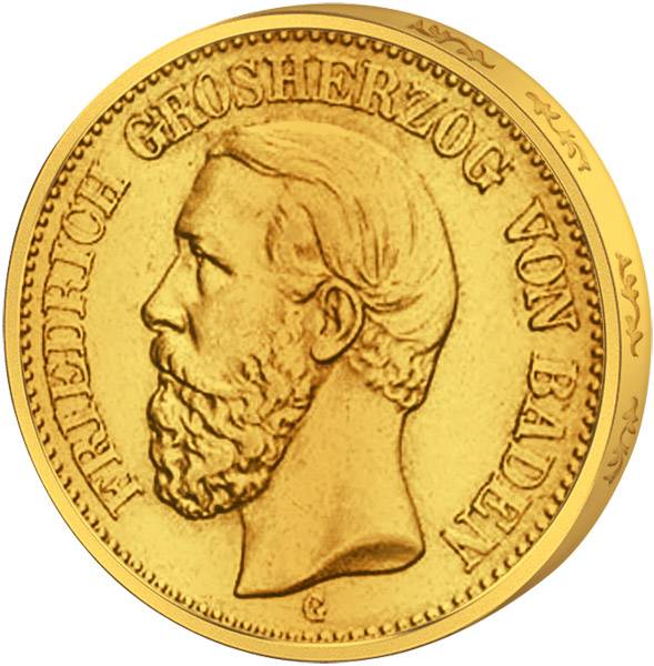 20 Gold-Mark Baden Großherzog Friedrich I. 1872-1873 Sehr schön