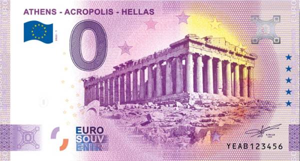 0-Euro-Banknote Griechenland Akropolis Athen 2022