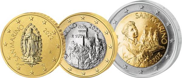 50 Cent + 1 Euro + 2 Euro San Marino Kursmünzen 2022