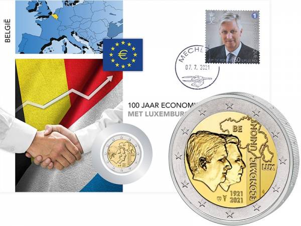 2 Euro Numisbrief Belgien 100 Jahre Wirtschaftsunion mit Luxemburg 2021