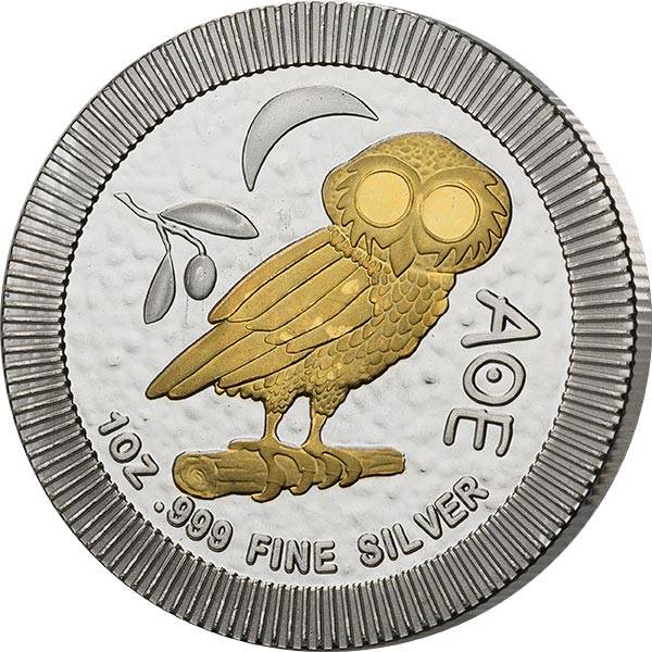 2 Dollars Niue Eule von Athen 2022 mit Gold-Applikation