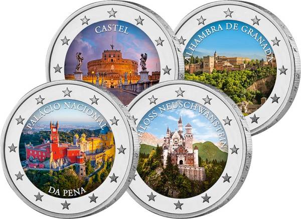 Set 4 x 2 Euro Schlösser und Burgen Europas 2022 mit Farb-Applikation