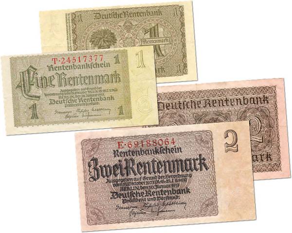 1 und 2 Rentenmark BRD Banknoten 1937 Zirkuliert