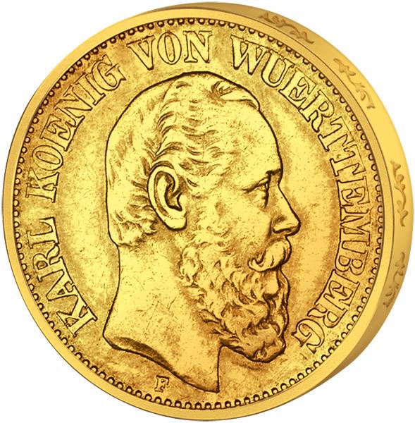 10 Mark Württemberg König Karl 1874-1888 Sehr schön