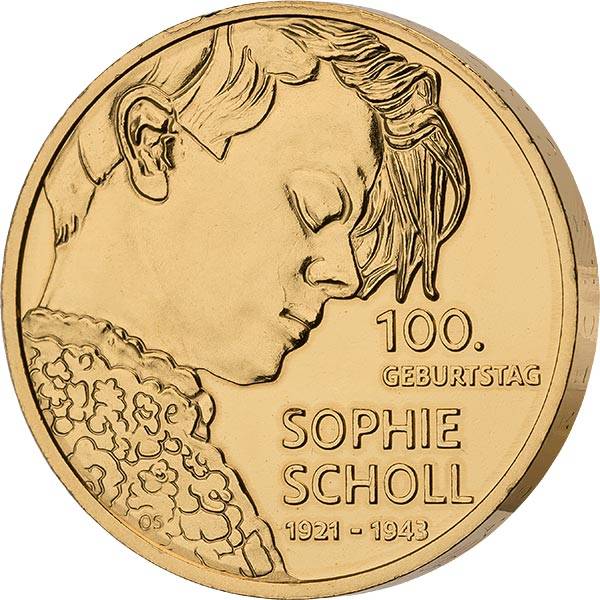 20 Euro BRD 100. Geburtstag Sophie Scholl 2021 vollvergoldet