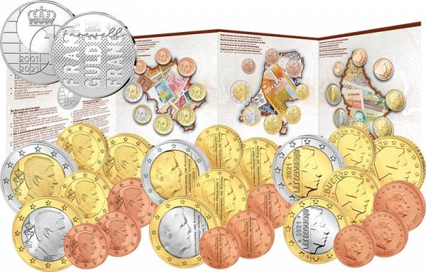 Euro-Kursmünzensätze BeNeLux + Silber-Gedenkprägung 20 Jahre Abschied von den nationalen Währungen in Benelux 2021