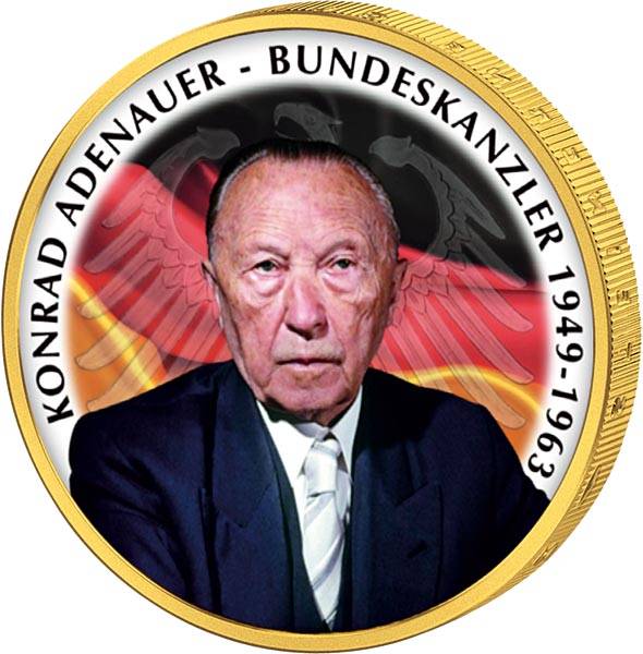 2 Euro BRD JuW vollvergoldet mit Farb-Applikation Bundeskanzler Konrad Adenauer