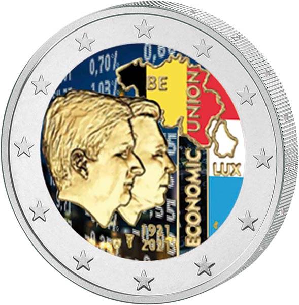 2 Euro Belgien 100 Jahre Wirtschaftsunion mit Luxemburg 2021 mit Farb-Applikation