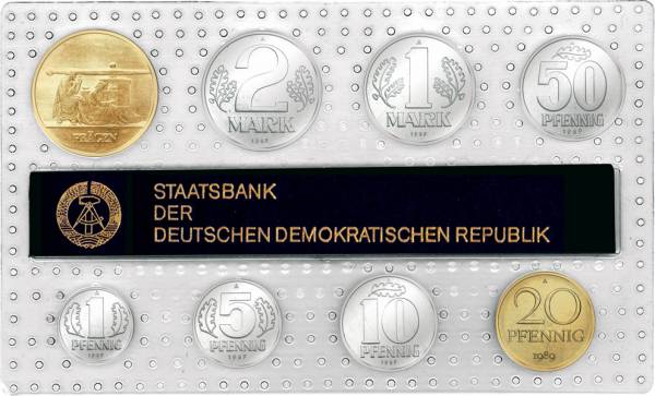 1 Pf-2 Mk (8 Werte) DDR Kursmünzensatz inkl. Gedenkprägung Prägen 1989 prägefrisch