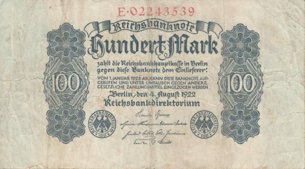 100 Mark Weimarer Republik Reichsbanknote 1922