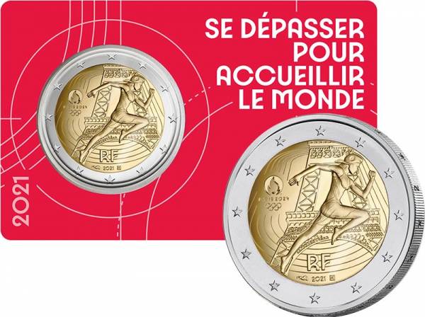 2 Euro Frankreich Olympia 2024 Übergabe der Olympischen Fahne Coincard 2021