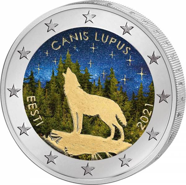 2 Euro Estland Nationaltier Wolf 2021 mit Farbapplikation