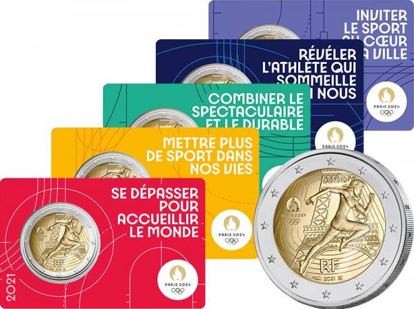 5 x 2 Euro Frankreich Olympia 2024-Übergabe der Olympischen Fahne Coincard 2021