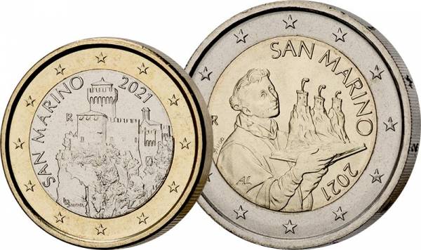 1 Euro + 2 Euro San Marino Kursmünzen 2021
