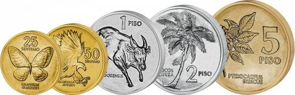 25 + 50 Sentimos und 1-5 Piso Kursmünzen Philippinen 1991-1994