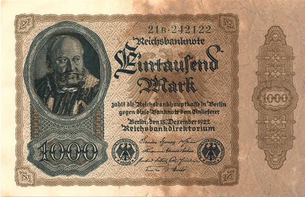 1.000 Mark Weimarer Republik Reichsbanknote ohne Überdruck