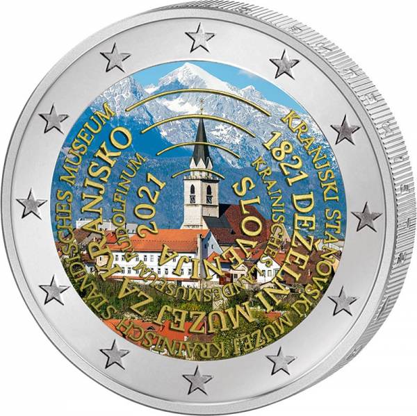 2 Euro Slowenien 200 Jahre Regionalmuseum Kranj 2021 mit Farbapplikation