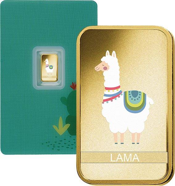 1 Gramm Goldbarren Lama mit Farb-Applikation