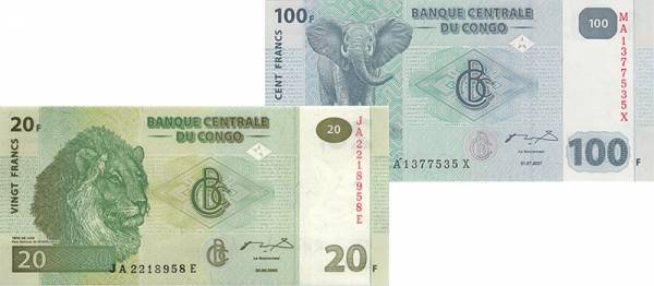 20 + 100 Francs Kongo Banknote Löwe 2003 und Elefant 2007