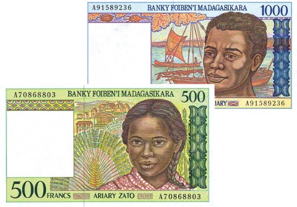 500 + 1.000 Francs Madagaskar Banknoten 1994