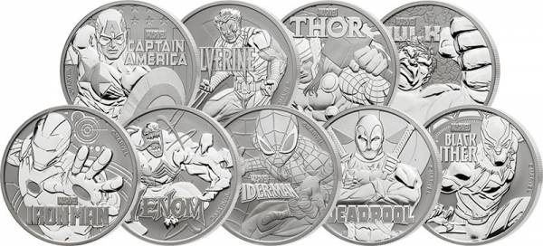 9 x 1 Unze Silber Tuvalu Marvel Serie Ausgabe 1-9 2017-2021
