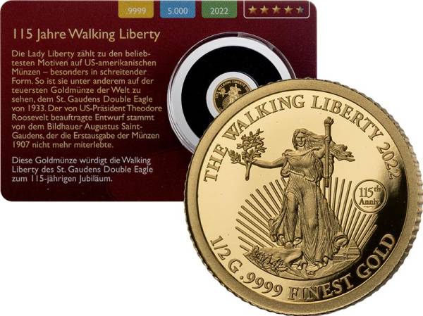 5 Dollars Cook-Inseln 115 Jahre Walking Liberty Gold Coin Card 2022