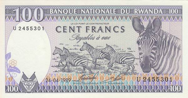 100 Francs Banknote Ruanda Zebra 1987