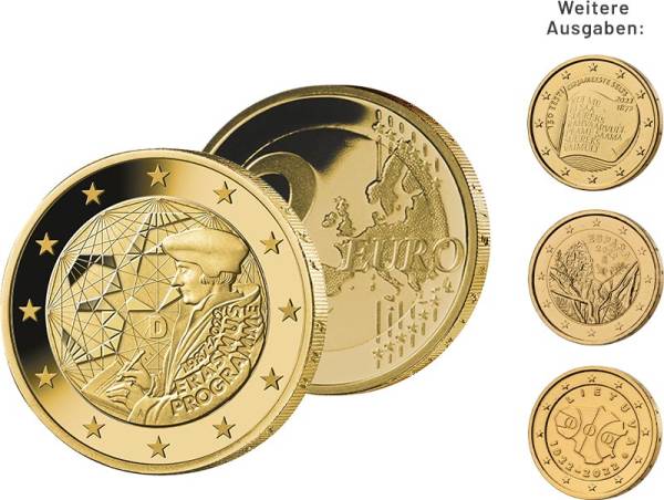 Münz-Kollektion: 2 Euro Gedenkmünzen als vollvergoldete Premiumausgaben Sammler-Service