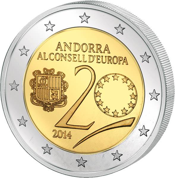 2 Euro Andorra 20. Jahrestag des Beitritts Andorras zum Europarat 2014  Polierte Platte (PP)